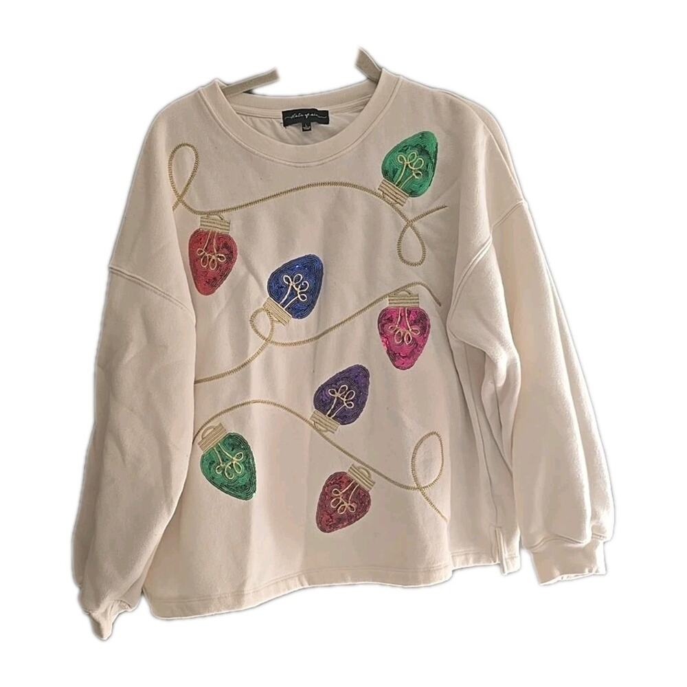 State of Mine Ivory Big Bulbs Holiday Sequin Preppy Sweatshirt Womans Size Large
